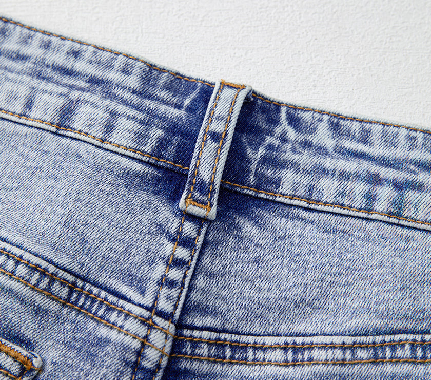 Beau Blue Pearl Studded Pockets Raw Hem Denim Shorts