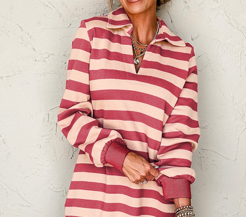 Contrast Striped Johnny Collar Long Sleeve Mini Dress