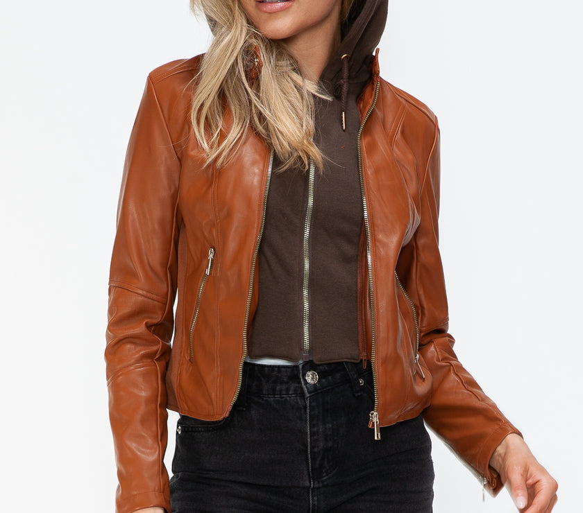 Snobbish Faux Leather Zip Up Drawstring Hooded Jacket