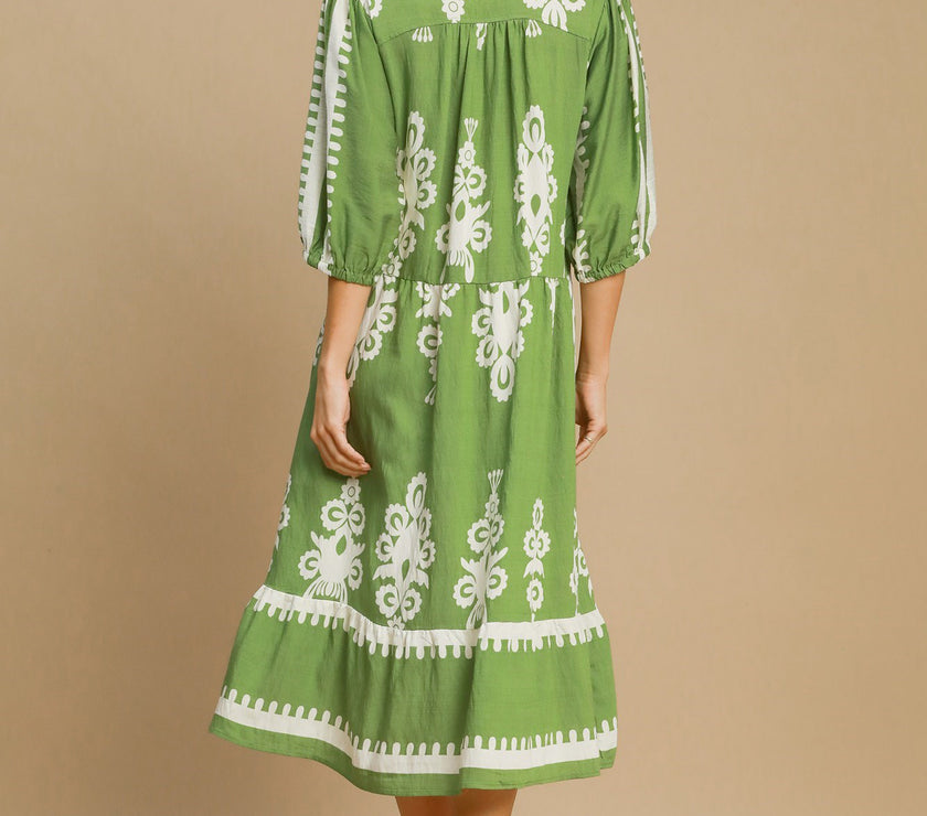 Umgee Printed Notched Midi Dress