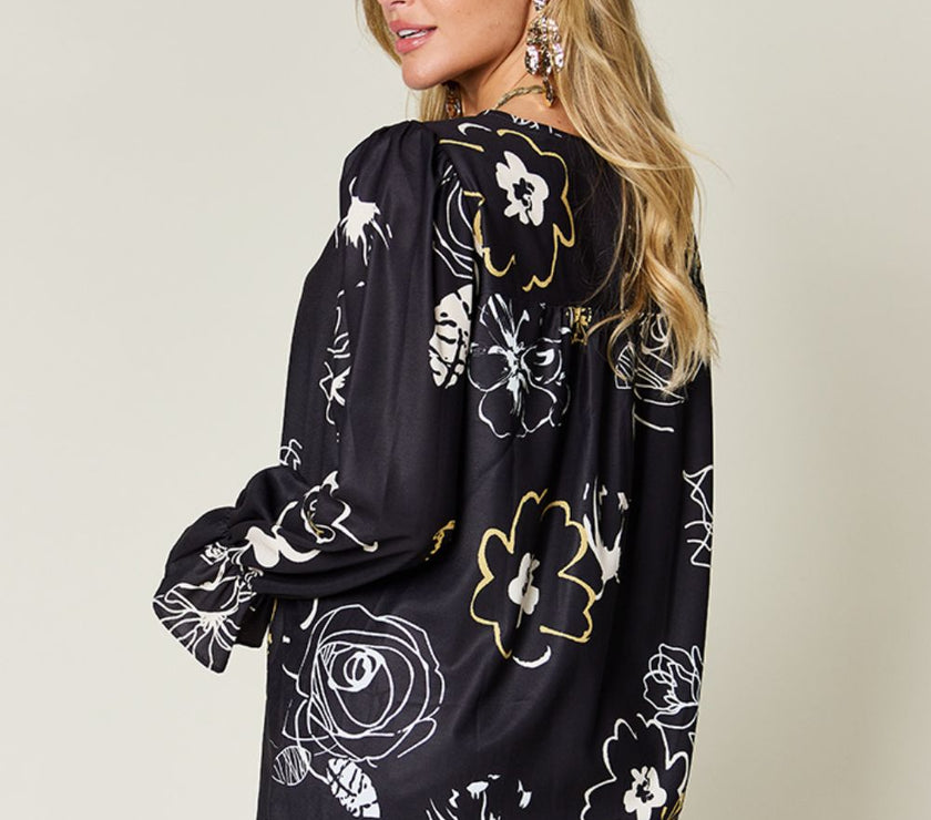 Double Take Full Size Printed Flounce Sleeve Blouse