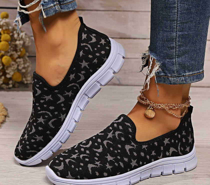 Star & Moon Pattern Flat Loafers