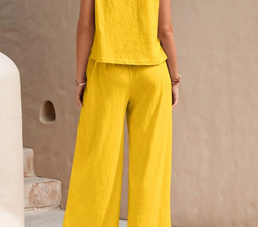 Round Neck Sleeveless Top and Wide Leg Pants Set