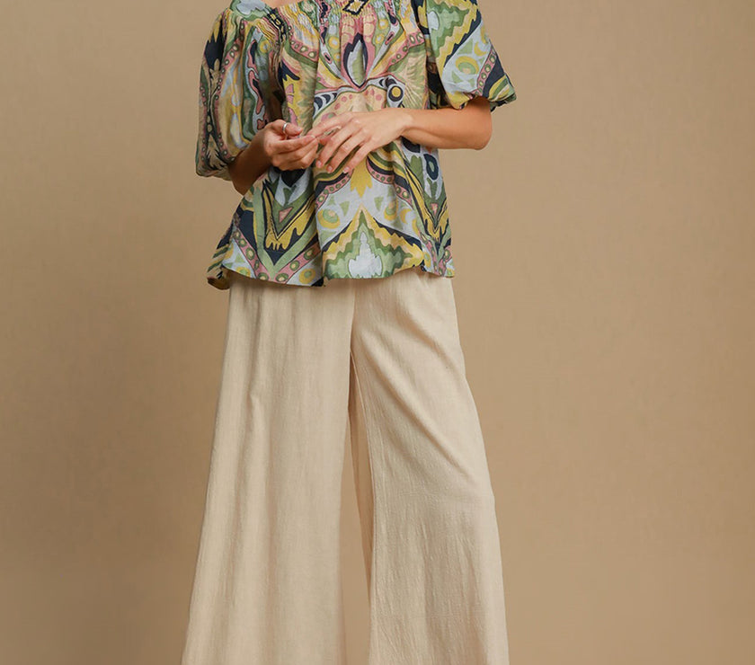 Umgee Full Size Abstract Print Smocked Square Neck Puff Sleeve Blouse