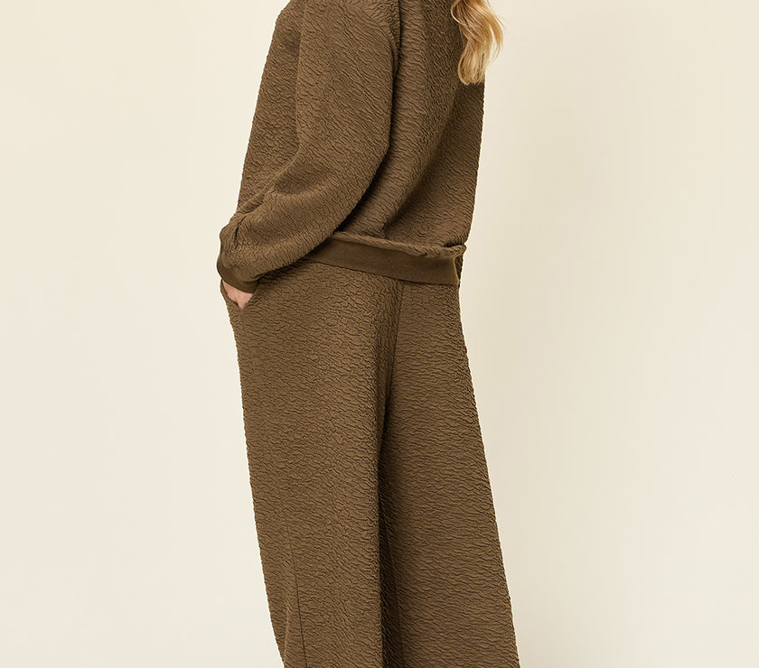 Double Take Full Size Texture Long Sleeve Top and Pants Set