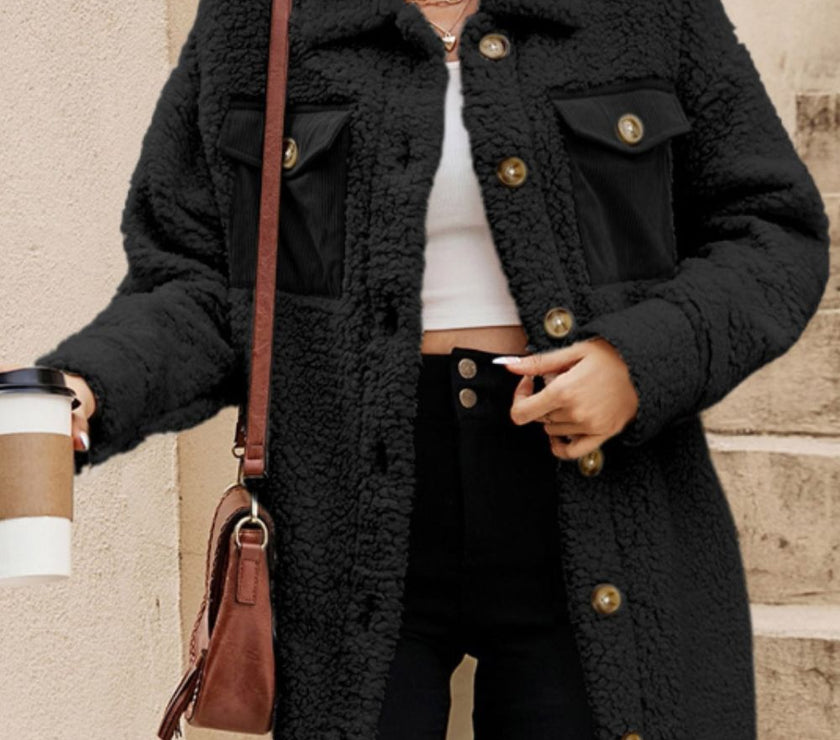 Collared Neck Long Sleeve Longline Teddy Jacket