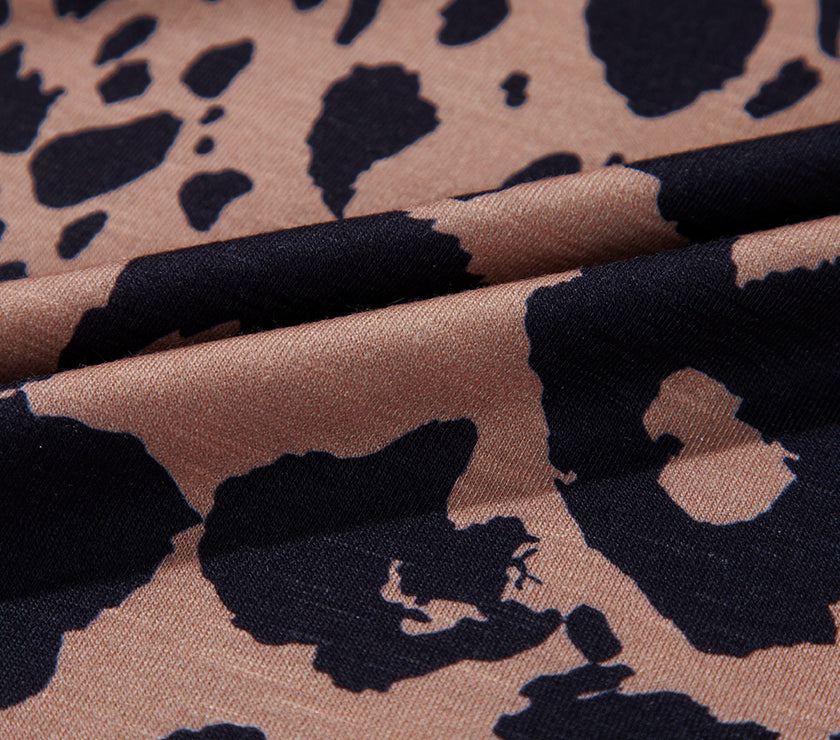 Brown Leopard Print V Neck Half Sleeve Oversized Tee