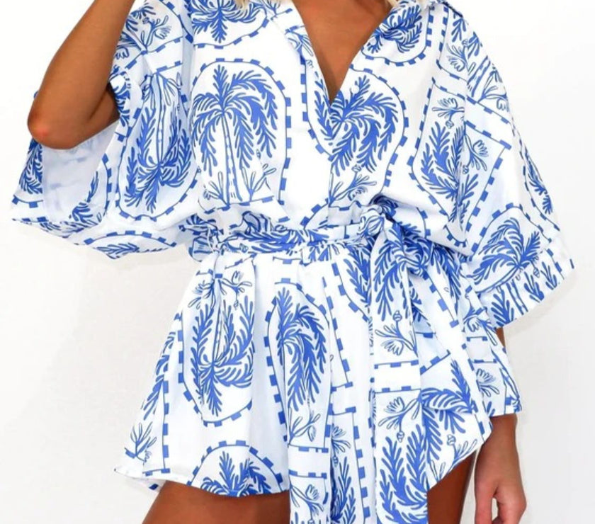 Printed Tie Waist Half Sleeve Romper