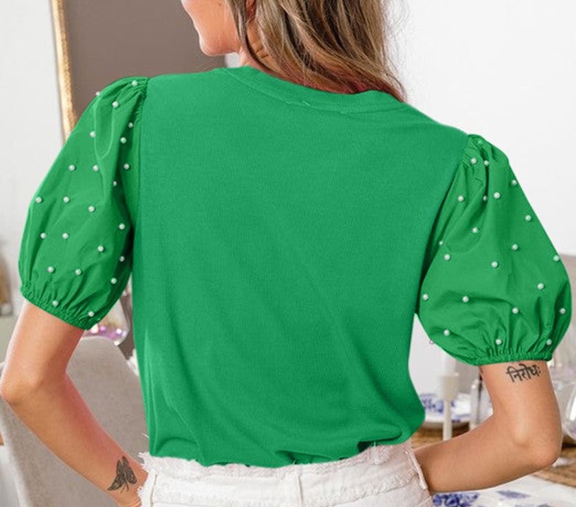 Bright Green Ribbed Pearl Beaded Puff Sleeve Top