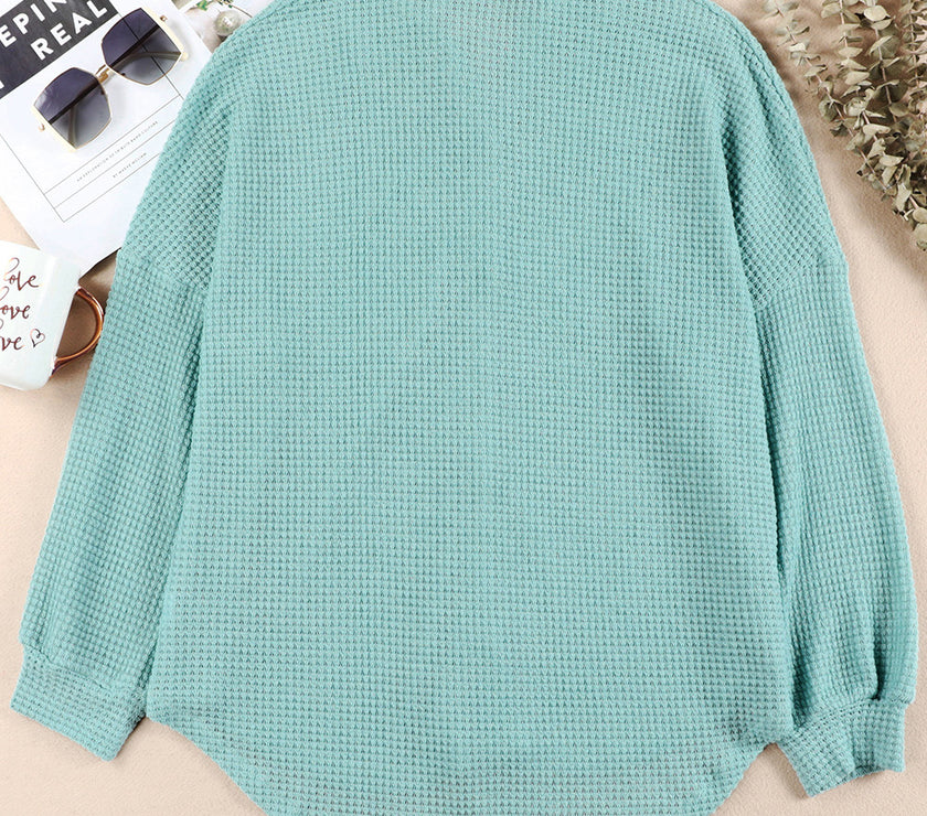 Waffle-Knit Collared Neck Long Sleeve Shirt