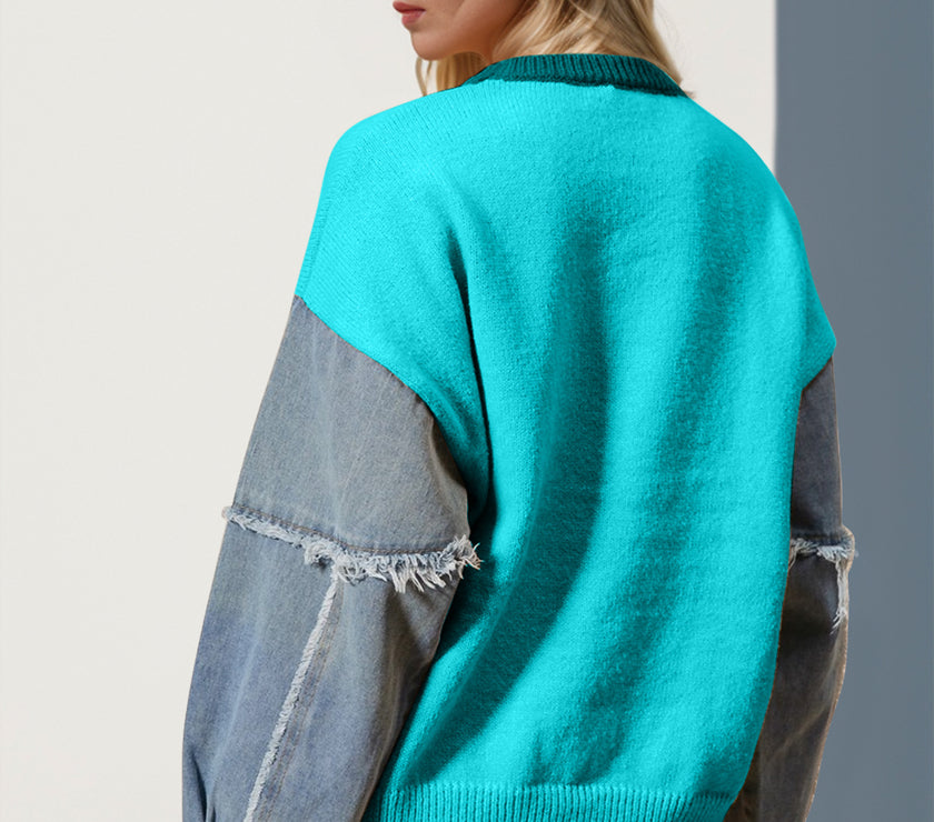 Double Take Full Size Star Pattern Raw Edge Long Sleeve Sweater