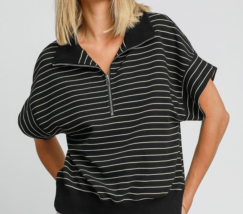 Umgee Striped Half Zip Short Sleeve Sweatshirt