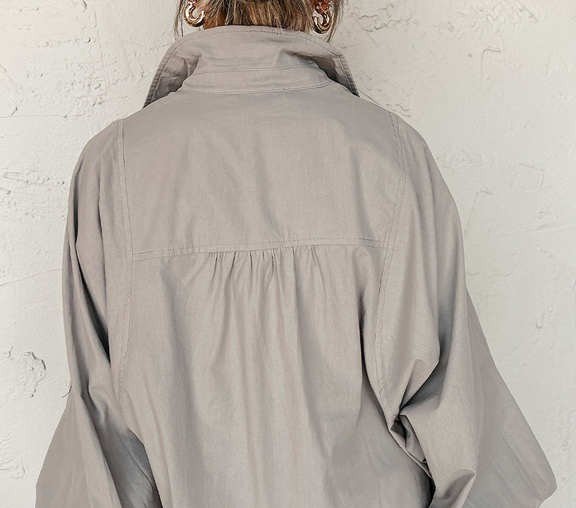 High Solid Color Balloon Sleeve Side Slits Loose Fit Shirt