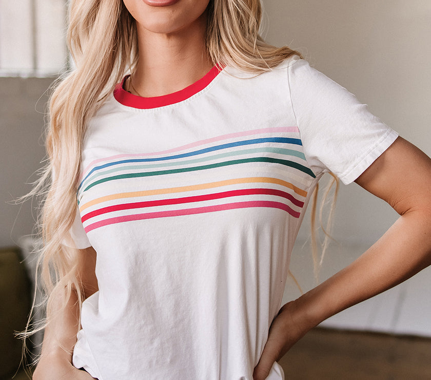 White Rainbow Stripe Print Contrast Crewneck T Shirt