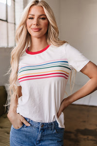 White Rainbow Stripe Print Contrast Crewneck T Shirt