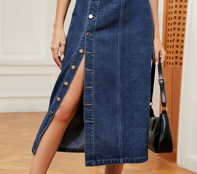 Button Down Midi Denim Skirt