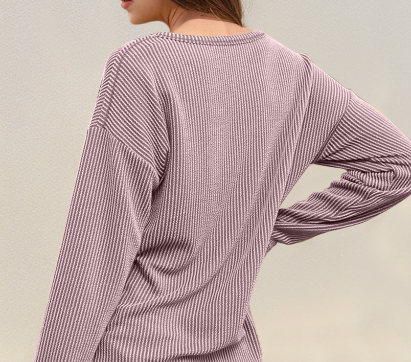Double Take Striped Notched Long Sleeve T-Shirt
