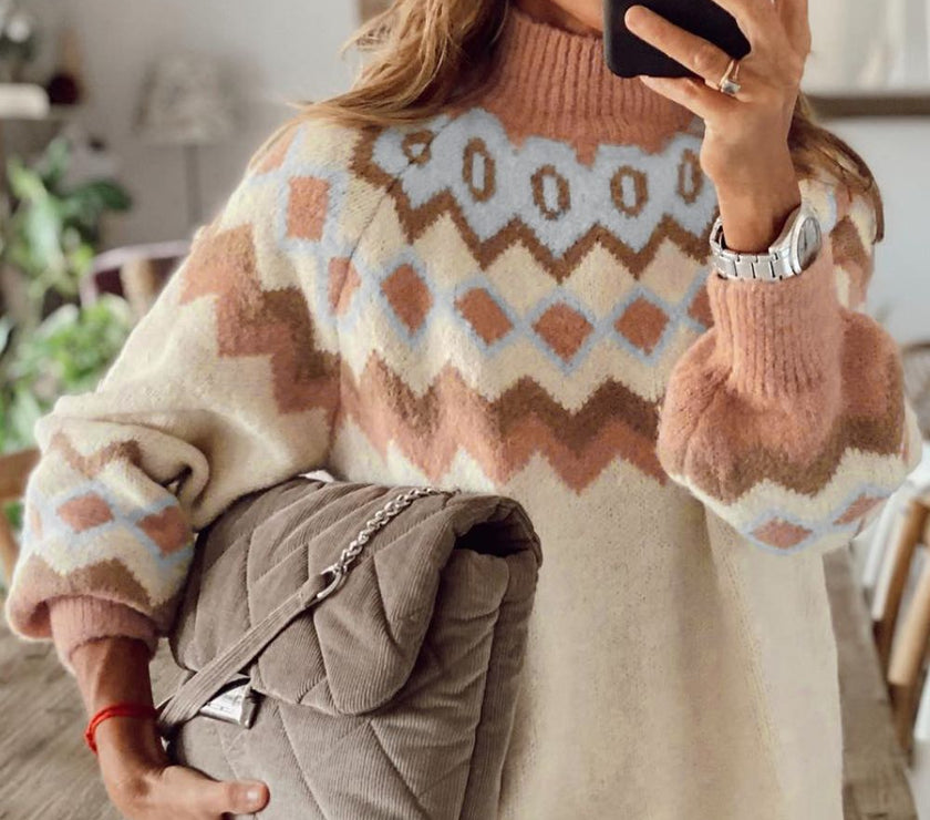 Geometric Mock Neck Long Sleeve Sweater