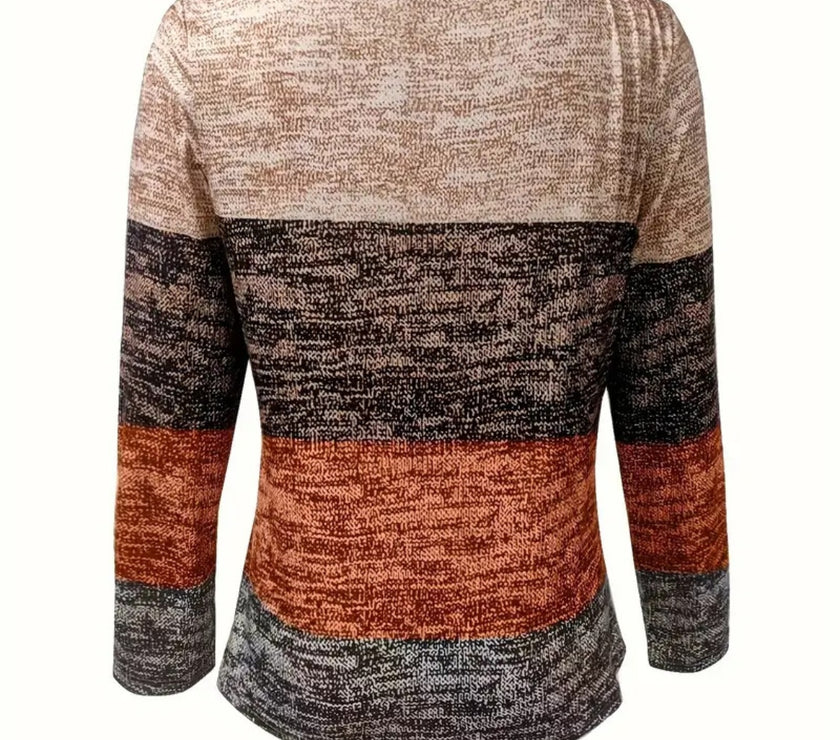 Color Block Quarter Zip Long Sleeve Blouse