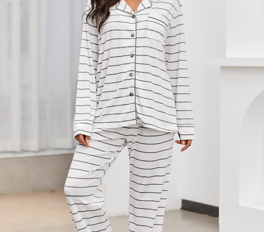 Striped V-Neck Long Sleeve Top and Pants Lounge Set