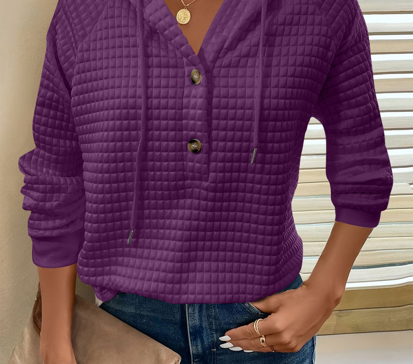 Full Size Texture Button Detail Drawstring Long Sleeve Hoodie