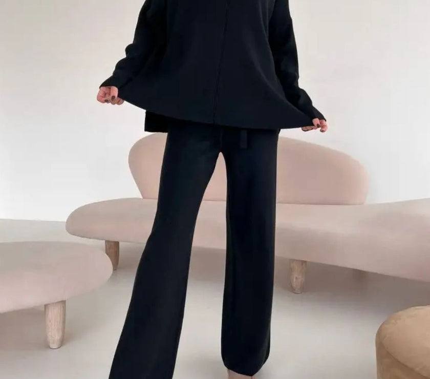 Slit Mock Neck Top and Pants Sweater Set