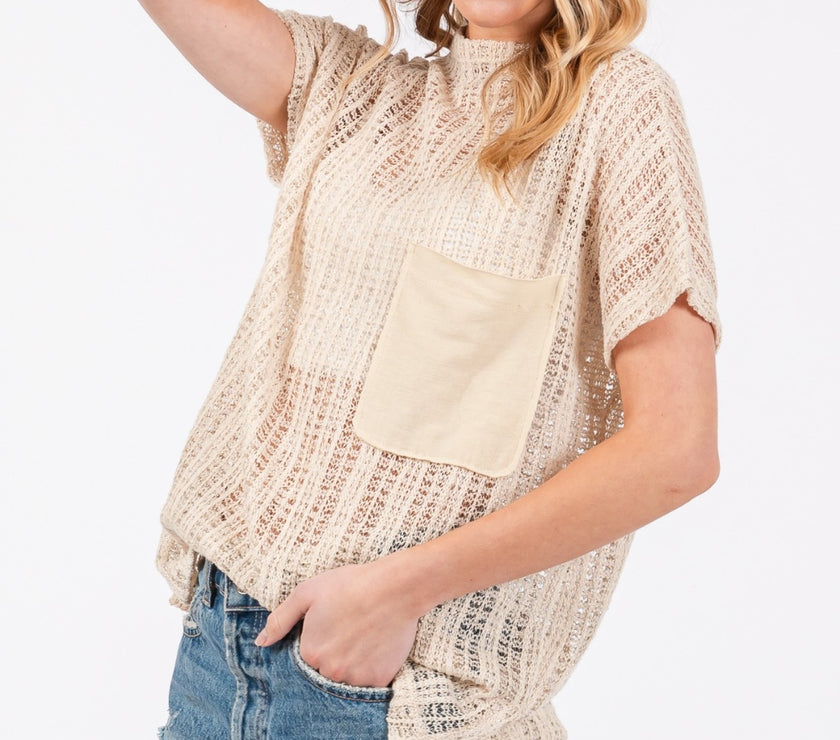 Ces Femme See Through Crochet Mock Neck Cover Up