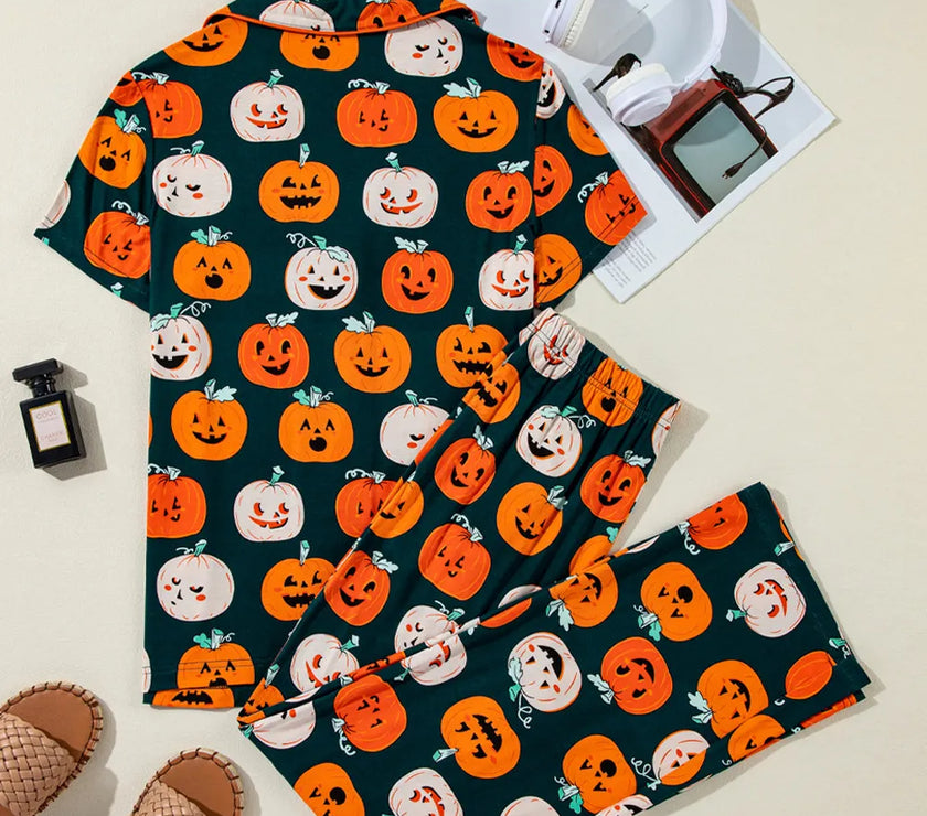 Pumpkin Printed Short Sleeve Top and Pants Lounge Set