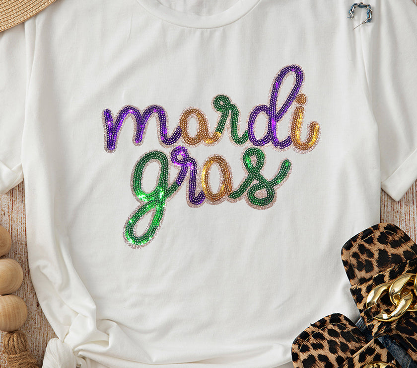 White Sequin mardi gras Graphic T Shirt