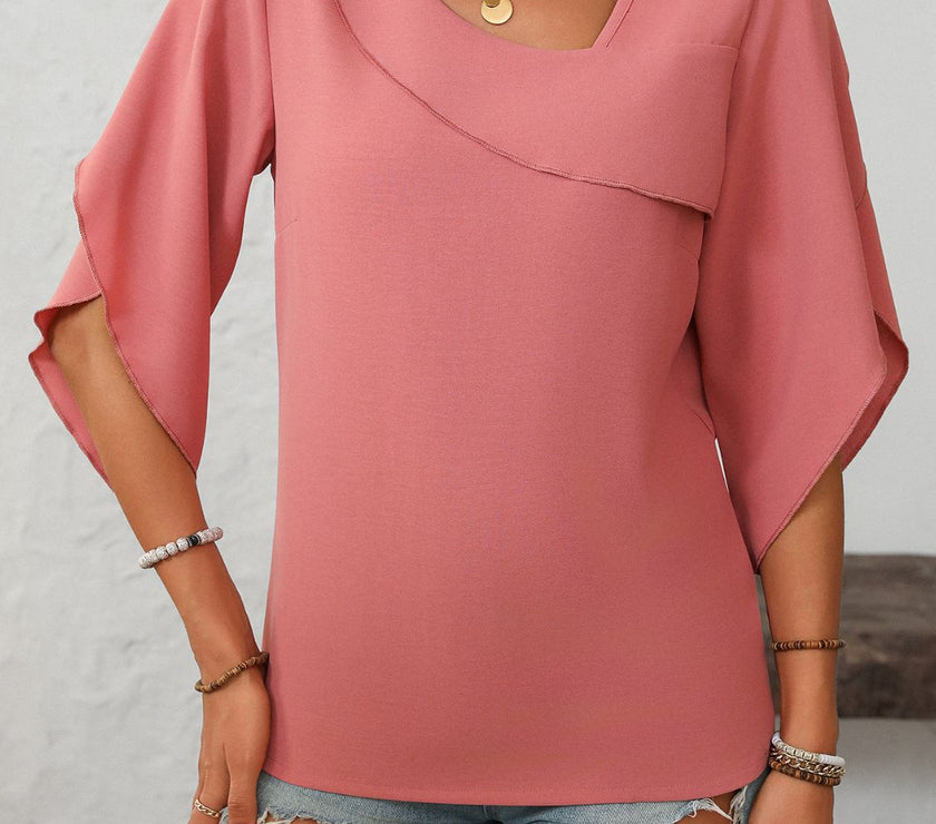 Mandy Ruffled Asymmetrical Neck Half Sleeve Blouse