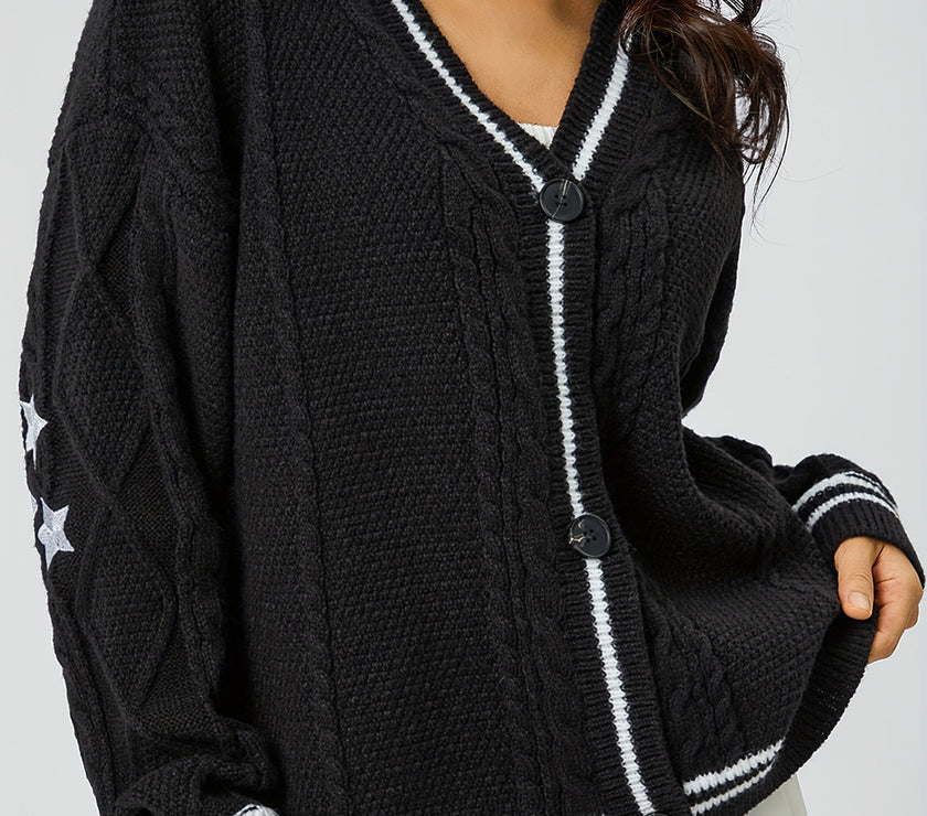 Star Embroidered V-Neck Long Sleeve Cardigan