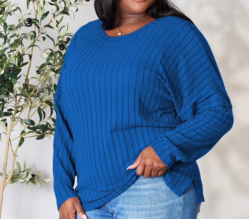 Basic Bae Full Size Ribbed Round Neck Slit Knit Top