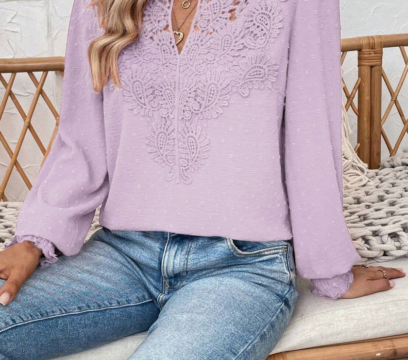 Swiss Dot Lace Detail Notched Long Sleeve Blouse