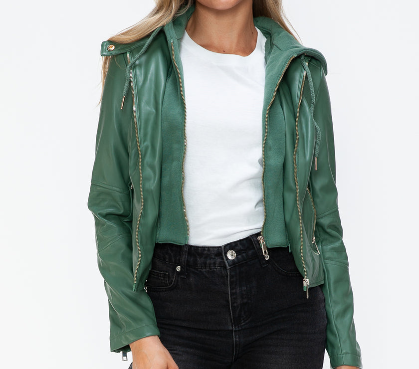 Snobbish Faux Leather Zip Up Drawstring Hooded Jacket