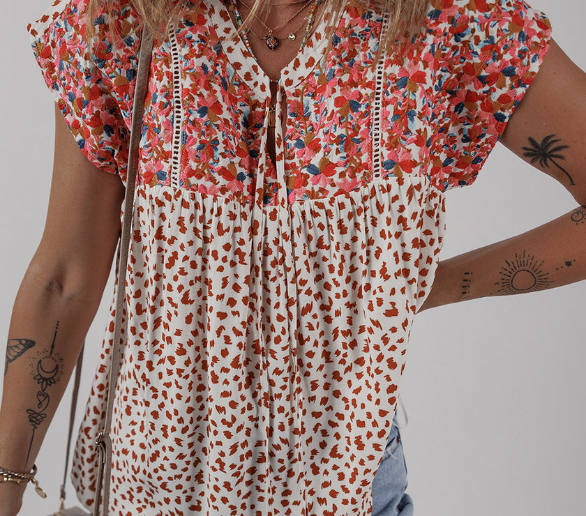 Red Printed Embroidery Detail Tie Split Neck Blouse