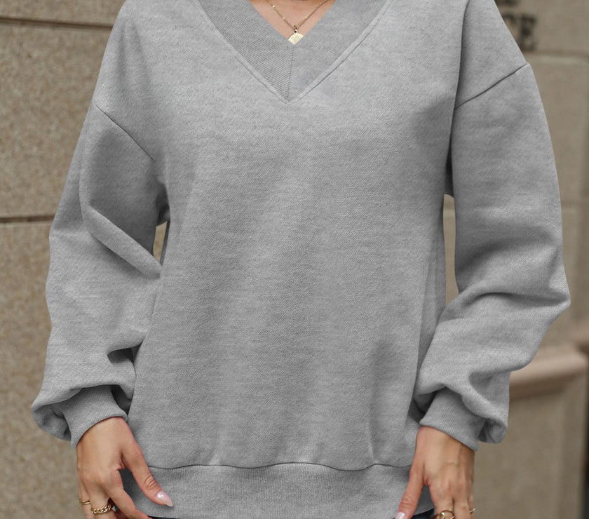 V-Neck Long Sleeve Dropped Shoulder Sweatshirt