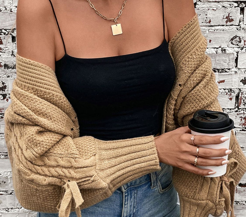 Cable-Knit Tied Open Front Lantern Sleeve Cardigan