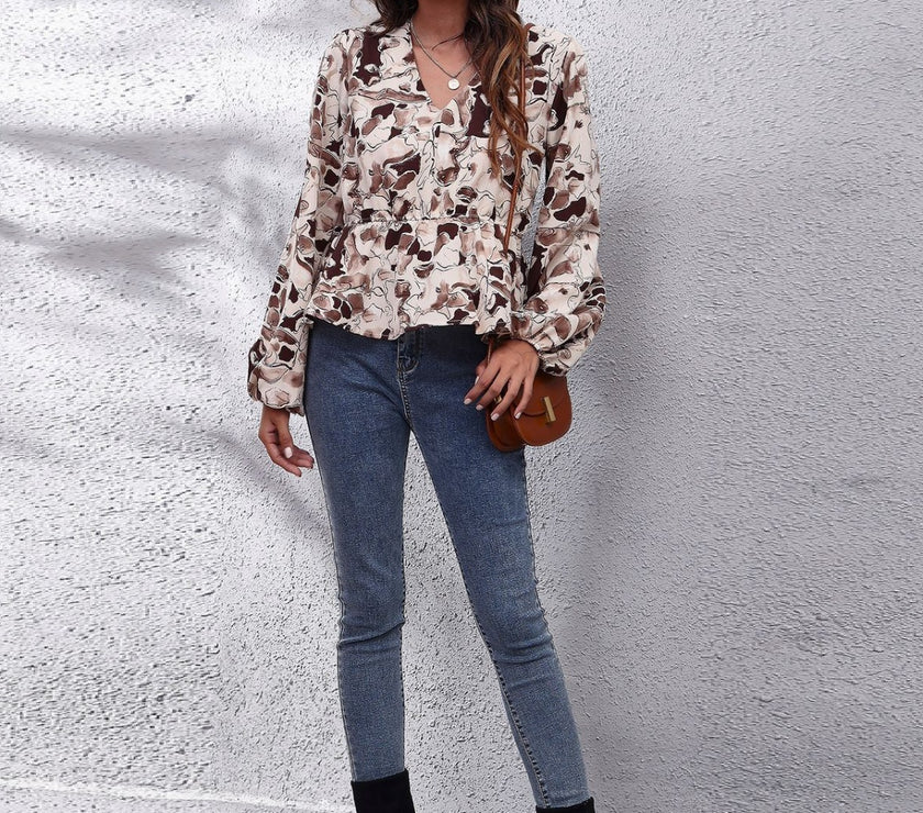 Ruched Printed V-Neck Long Sleeve Blouse