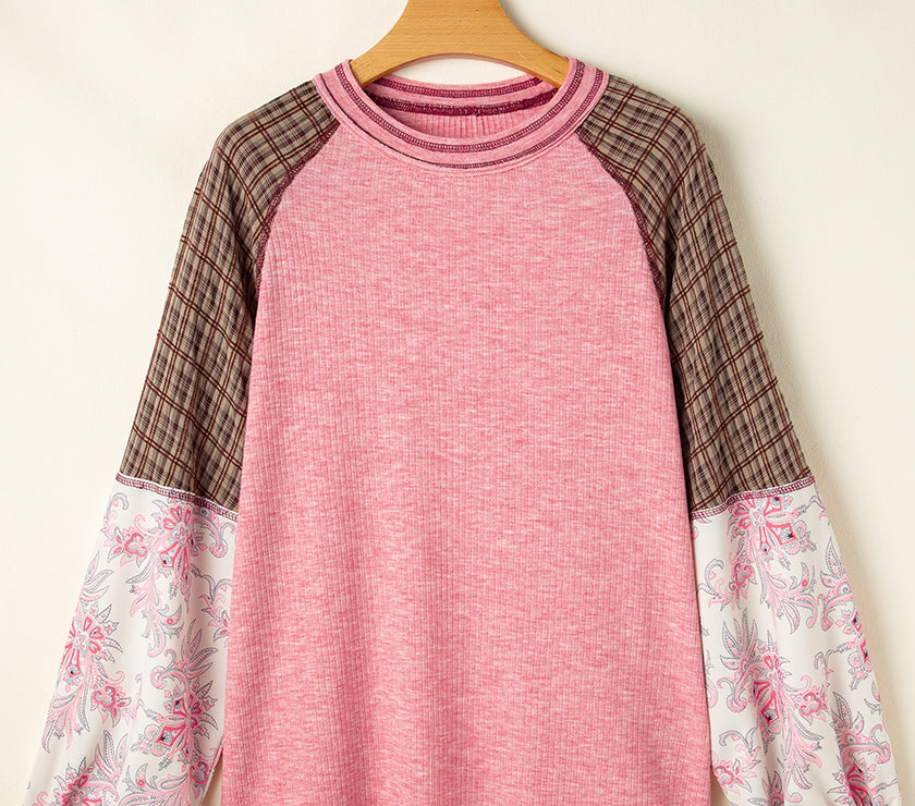 Plaid Floral Patchwork Round Neck Long Sleeve Top