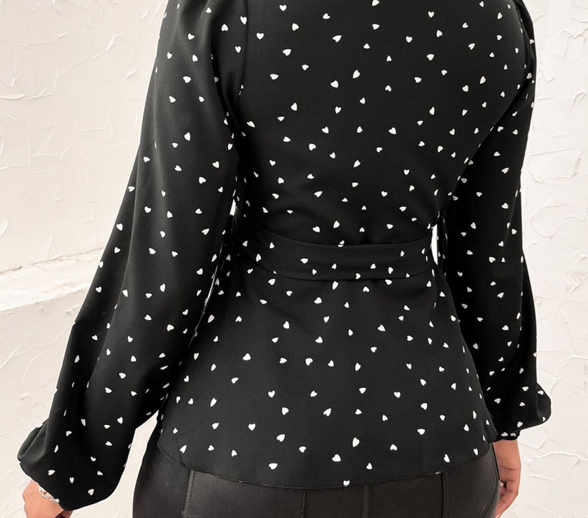 Heart Print Surplice Balloon Sleeve Blouse