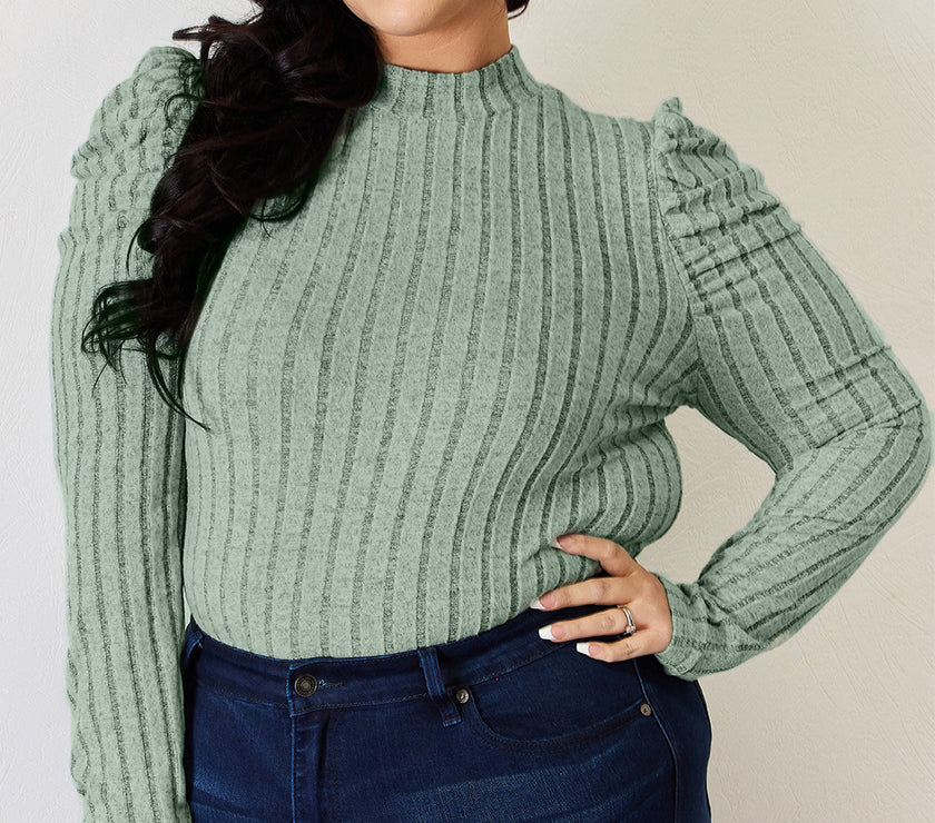 Basic Bae Full Size Ribbed Mock Neck Puff Sleeve T-Shirt
