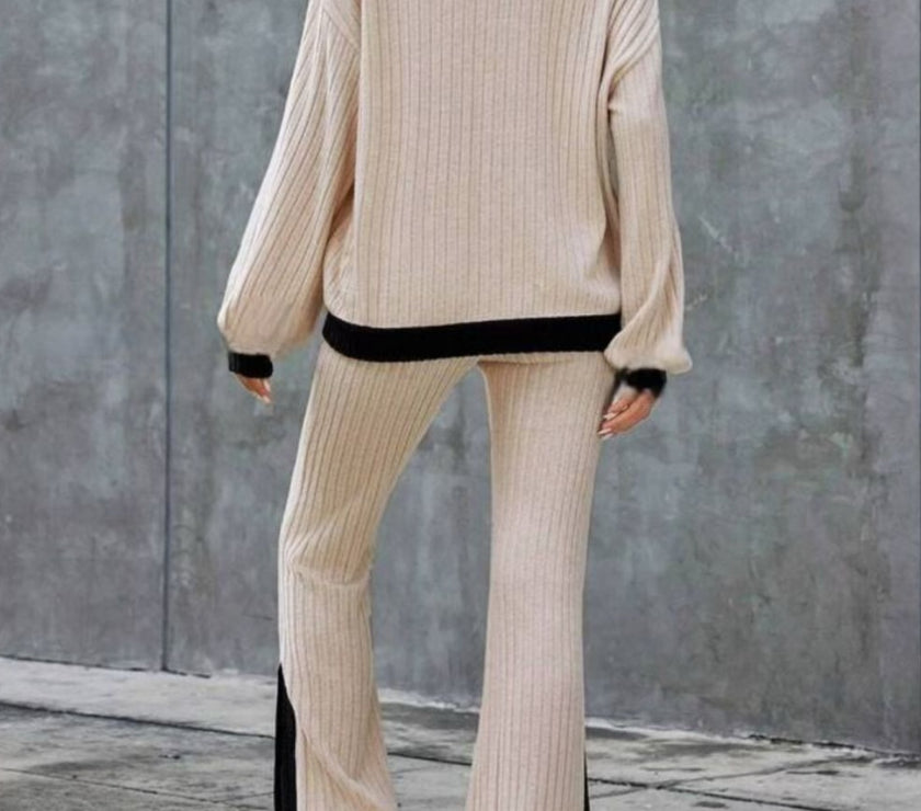 Contrast Round Neck Long Sleeve Top and Bootcut Pants Set