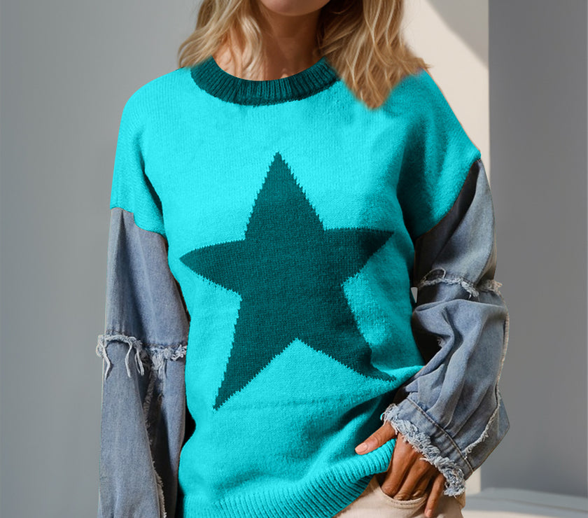 Double Take Full Size Star Pattern Raw Edge Long Sleeve Sweater