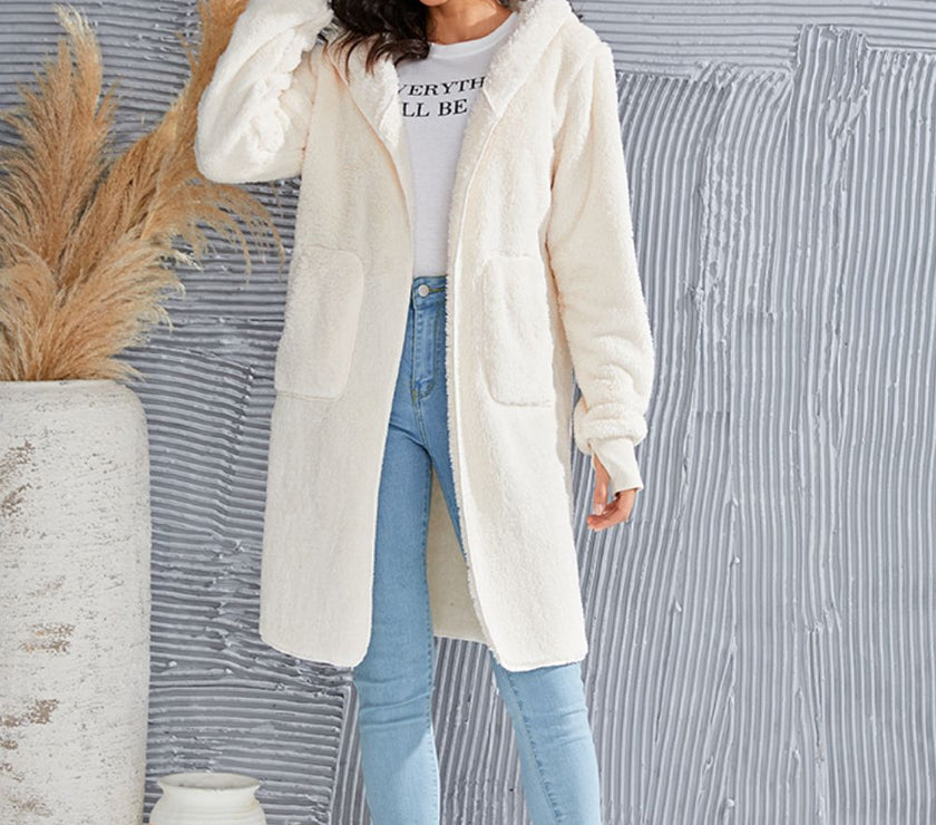 Double Take Full Size Hooded Teddy Bear Jacket with Thumbholes