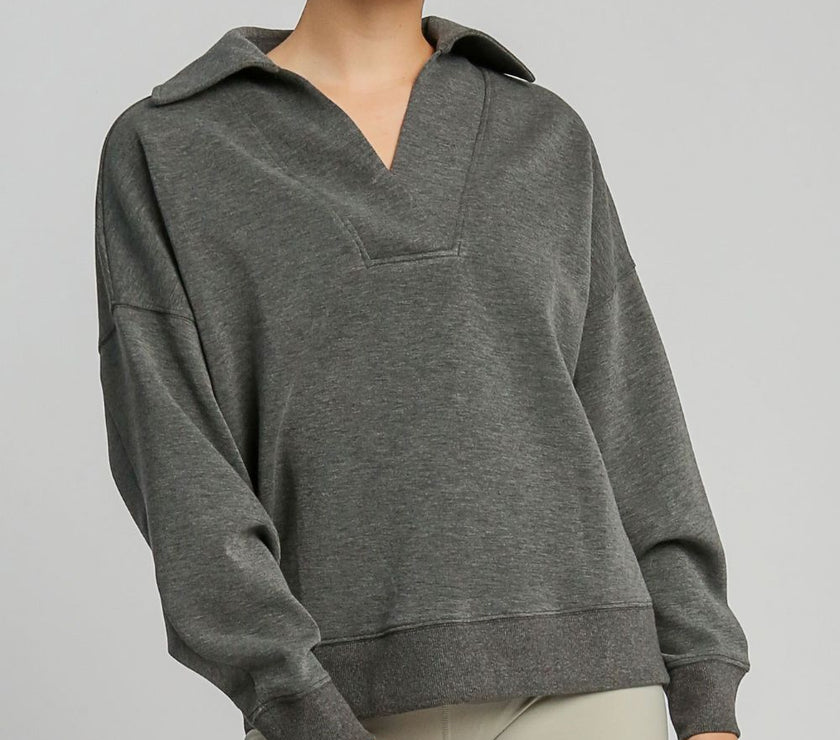 Umgee Johnny Collar Dropped Shoulder Sweatshirt