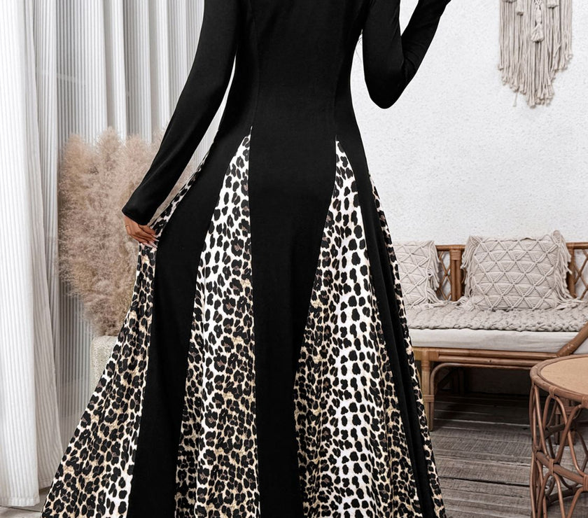 Perfee Leopard Square Neck Long Sleeve Maxi Dress