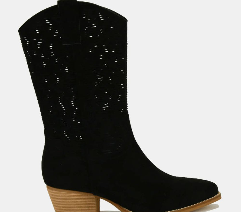 Beast Fashion Faux Suede Laser Cut Detail Block Heel Boots