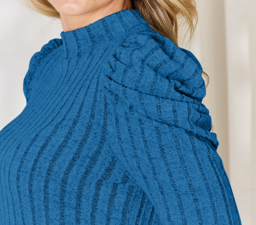 Basic Bae Full Size Ribbed Mock Neck Puff Sleeve T-Shirt