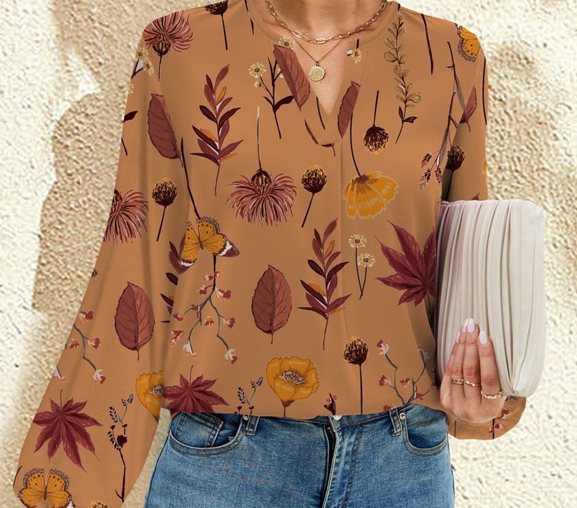 FAM-FAM Printed Notched Long Sleeve Blouse