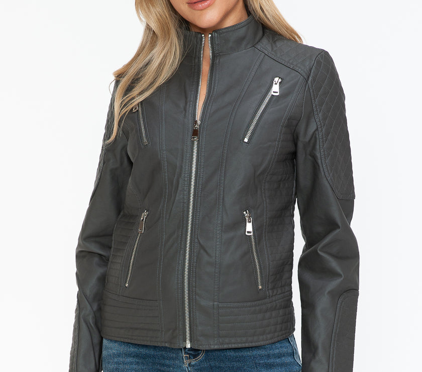 Snobbish Faux Leather Zip Up Mock Neck Jacket